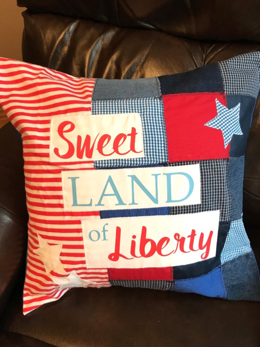 Patriotic Pillow Cover, Patchwork Stars Sweet Land of Liberty 18 x 18